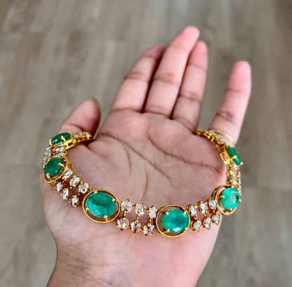 14k Gold Natural Zambian Emerald & Rose Cut Diamond Necklace - 15.41 Carats Emerald, 5.68 Carats Diamond Victorian Necklace