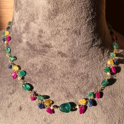 The Celeste Garland Necklace II - 14k Gold Natural Zambian Emerald, Sapphire & Ruby Art Nouveau Beaded Necklace