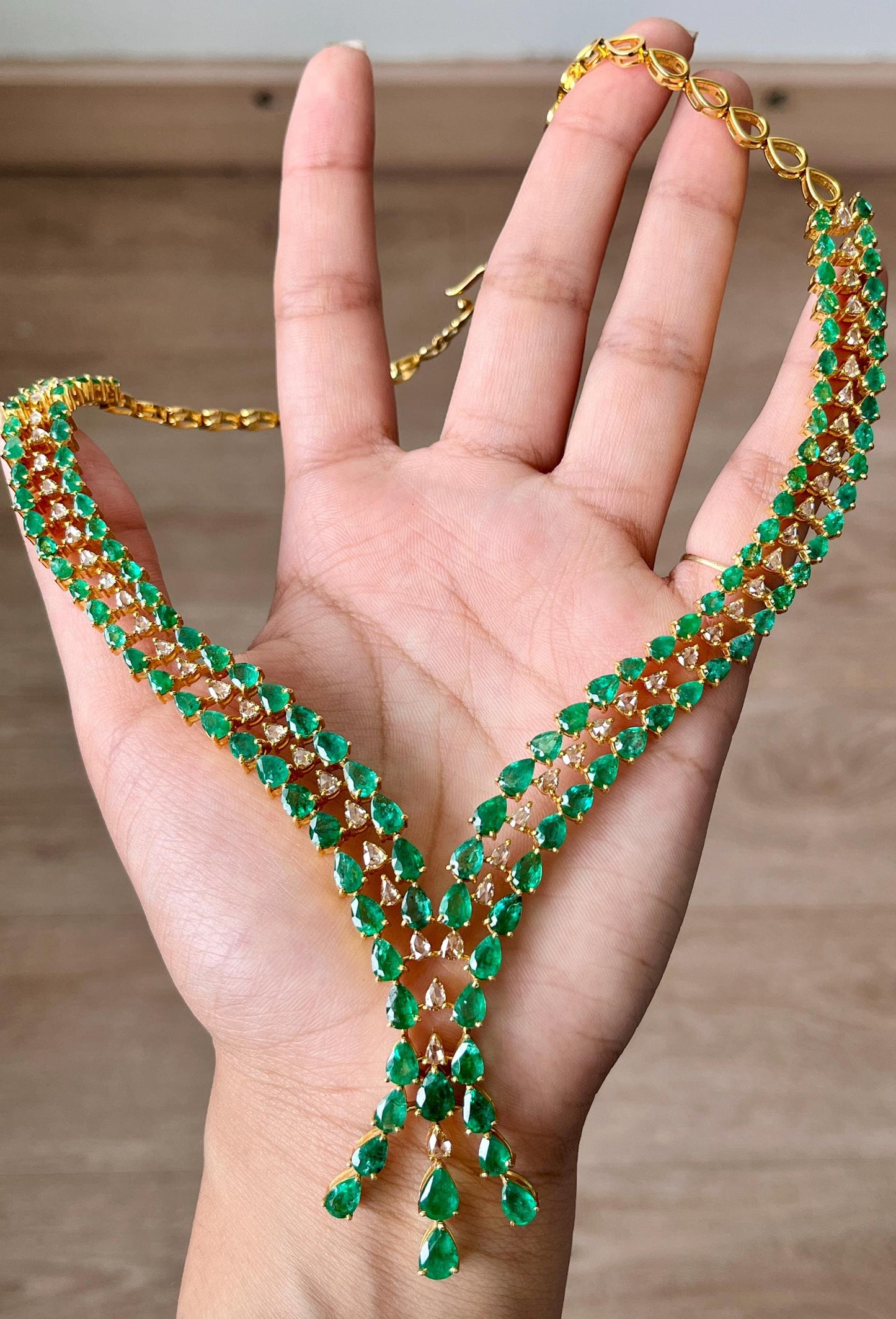 14k Gold Natural Zambian Emerald & Rose Cut Diamond Necklace - 25.94 Carats Emerald, 3.4 Carats Diamond Victorian Necklace