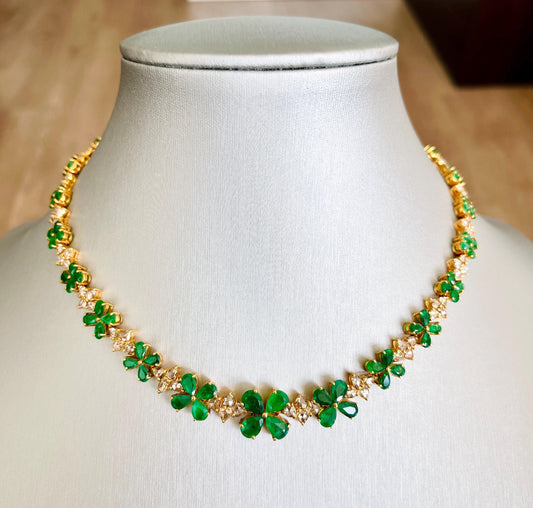 14k Gold Natural Zambian Emerald & Rose Cut Diamond Necklace - 15.6 Carats Emerald, 6.47 Carats Diamond Victorian Necklace