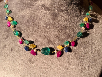 The Celeste Garland Necklace II - 14k Gold Natural Zambian Emerald, Sapphire & Ruby Art Nouveau Beaded Necklace