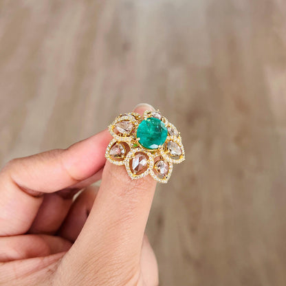 14k Gold Natural Zambian Emerald & Diamond Ring - 3.06 Carats Emerald, 3.07 Carats Diamond Victorian Ring