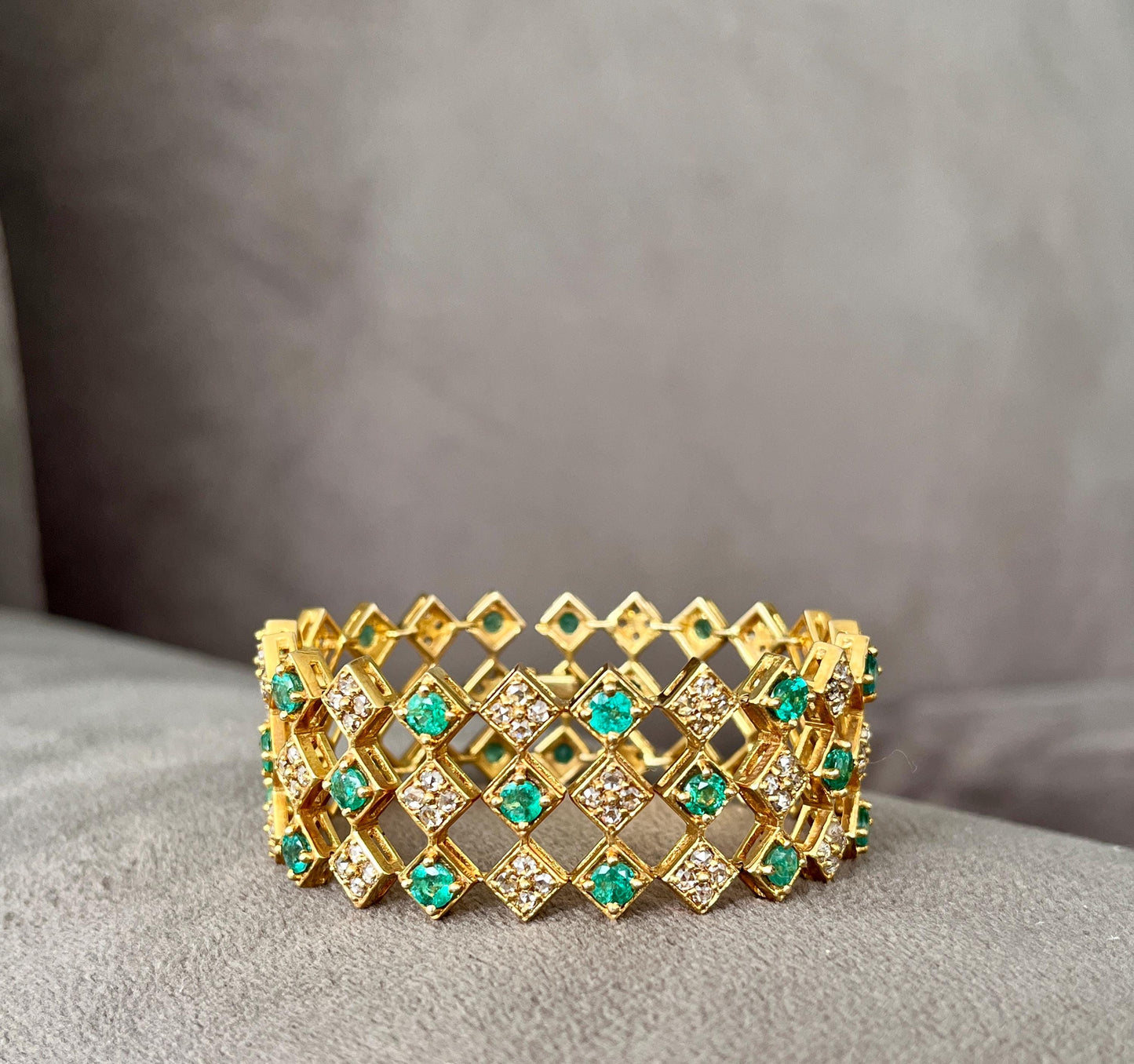 14k Gold Natural Zambian Emerald & Rose Cut Diamond Bracelet - 9.16 Carats Emerald, 5.48 Carats Diamond Art Deco Bracelet
