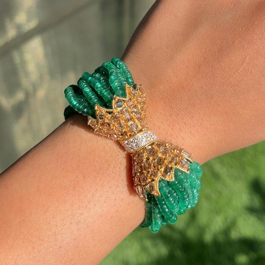 14k Gold Natural Zambian Emerald & Diamond Bracelet - 159.29 Carats Emerald, 6.3 Carats Diamond Victorian Beaded Bracelet