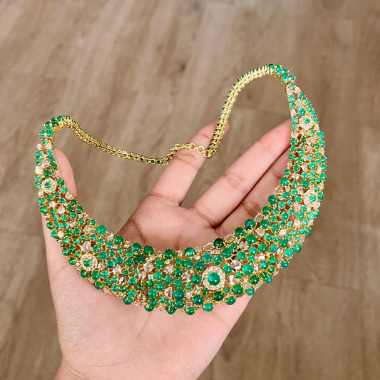 14k Gold Natural Zambian Emerald & Rose Cut Diamond Necklace - 56.43 Carats Emerald, 12.18 Carats Diamond Victorian Necklace