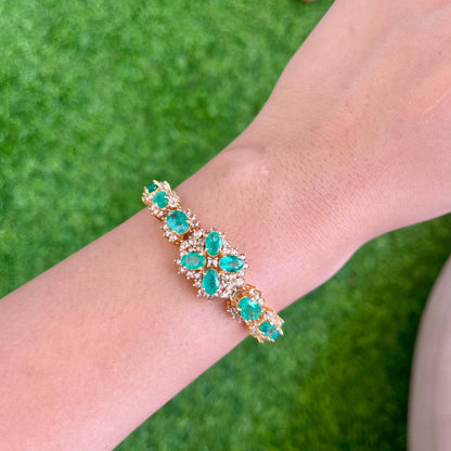 14k Gold Natural Zambian Emerald & Rose Cut Diamond Bracelet - 9.4 Carats Emerald, 4.35 Carats Diamond Art Deco Bracelet