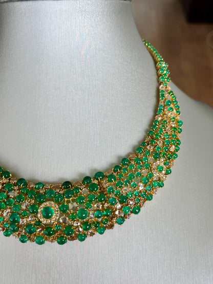 14k Gold Natural Zambian Emerald & Rose Cut Diamond Necklace - 56.43 Carats Emerald, 12.18 Carats Diamond Victorian Necklace