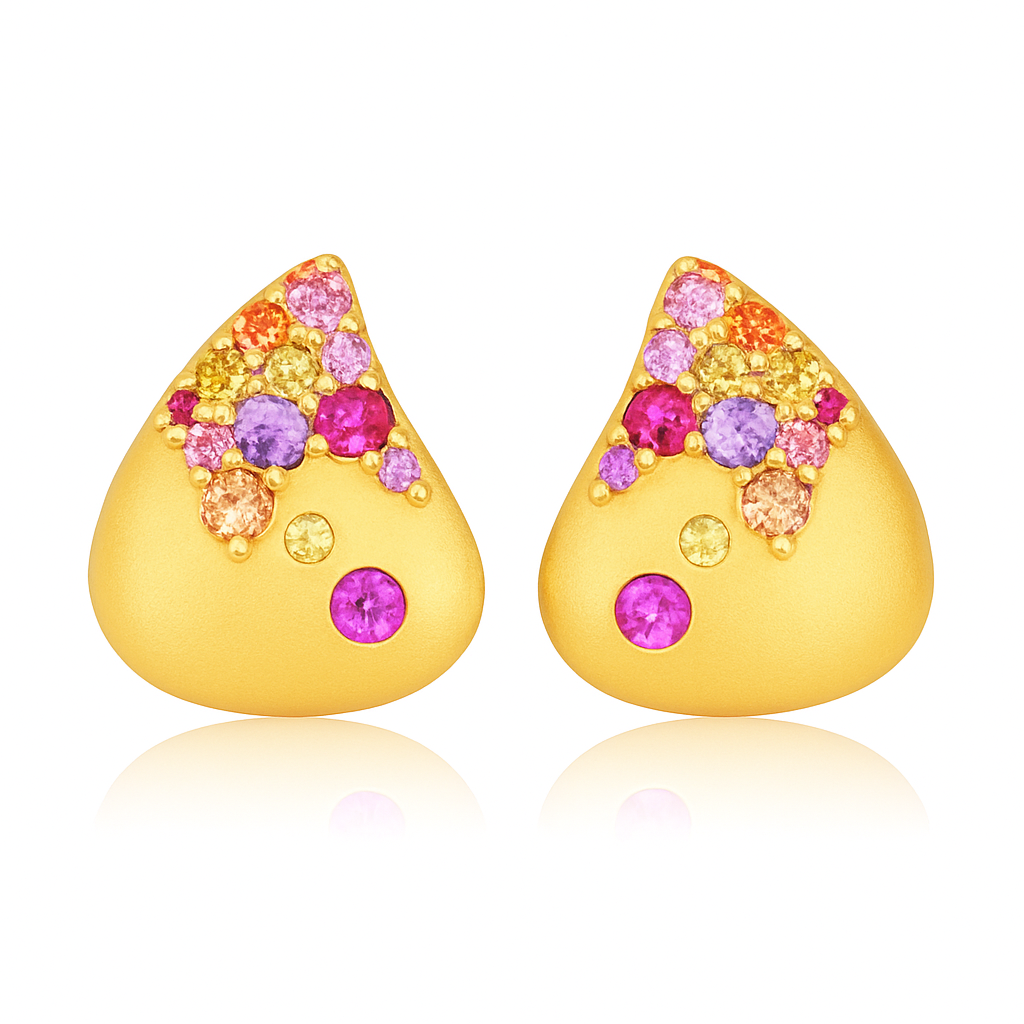 Solid Gold Natural Rainbow Sapphire Tear Avant Garde Stud Earrings