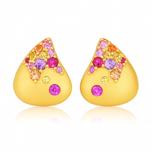 Solid Gold Natural Rainbow Sapphire Tear Avant Garde Stud Earrings