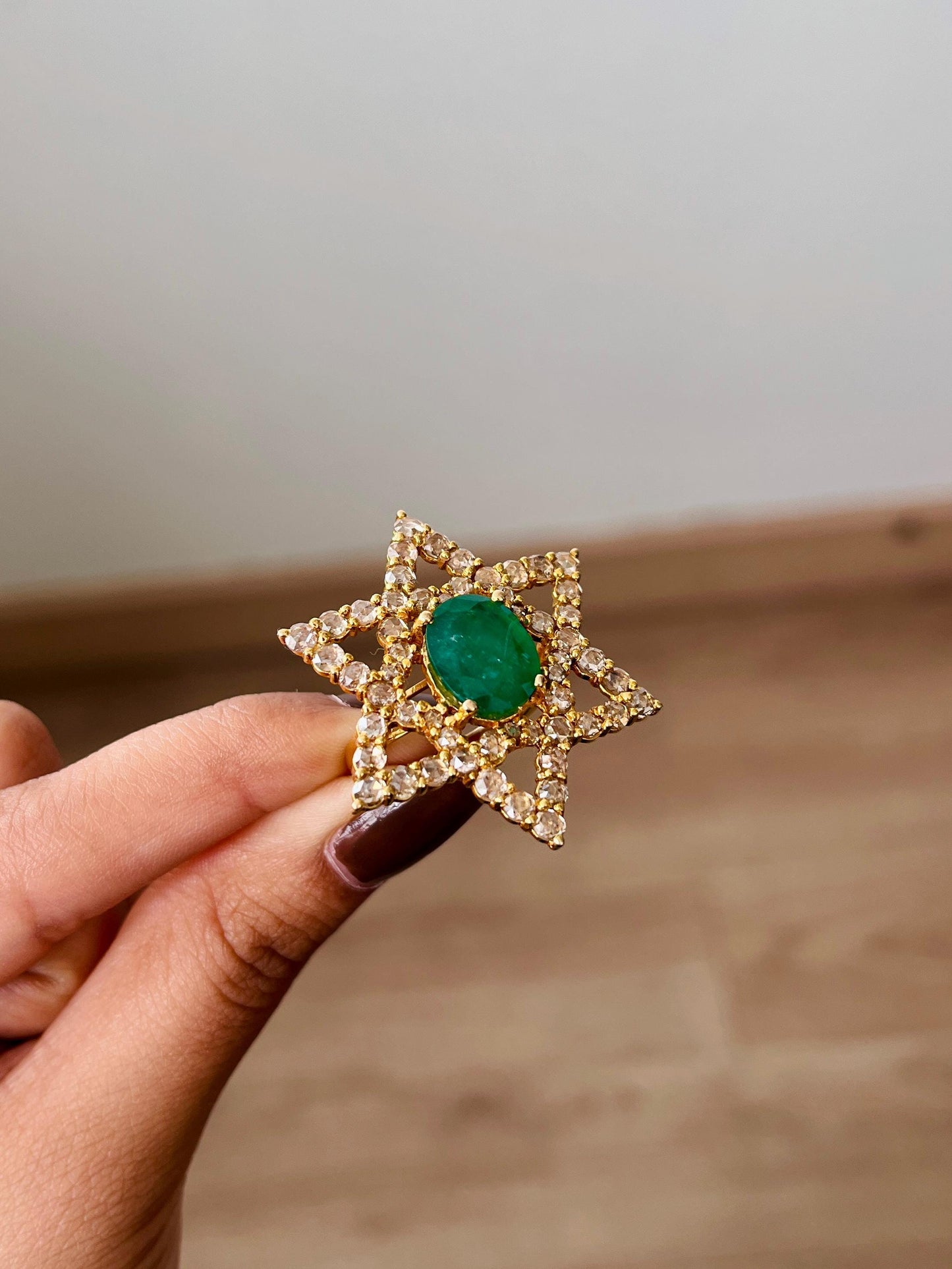 14k Gold Natural Zambian Emerald & Rose Cut Diamond Ring - 3.89 Carats Emerald, 3.25 Carats Diamond Avant Garde Ring