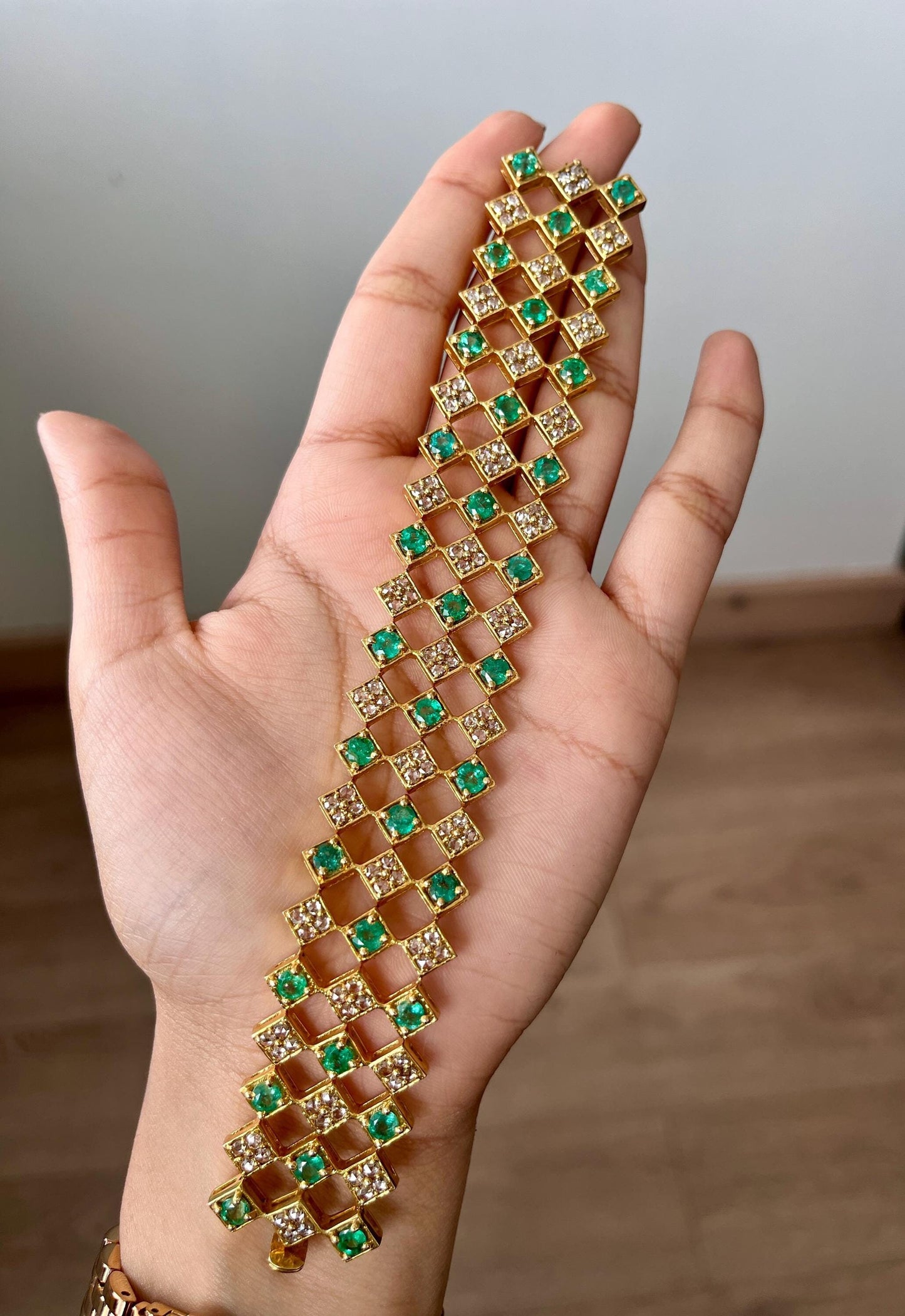 14k Gold Natural Zambian Emerald & Rose Cut Diamond Bracelet - 9.16 Carats Emerald, 5.48 Carats Diamond Art Deco Bracelet
