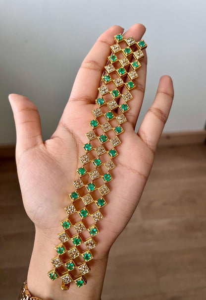 14k Gold Natural Zambian Emerald & Rose Cut Diamond Bracelet - 9.16 Carats Emerald, 5.48 Carats Diamond Art Deco Bracelet