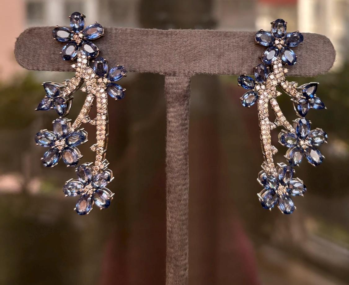 14k Gold Natural Blue Sapphire & Diamond Earrings - 21.48 Carats Sapphire, 1.83 Carats Diamond Art Nouveau Earrings