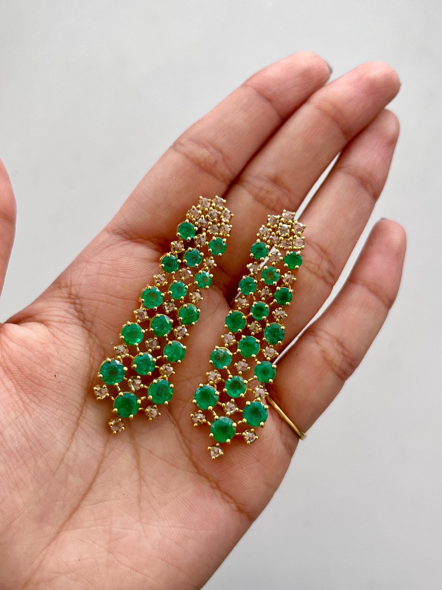 14k Gold Natural Zambian Emerald & Rose Cut Diamond Art Deco Earrings