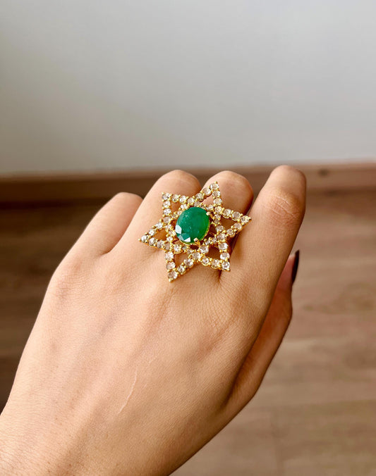 14k Gold Natural Zambian Emerald & Rose Cut Diamond Ring - 3.89 Carats Emerald, 3.25 Carats Diamond Avant Garde Ring