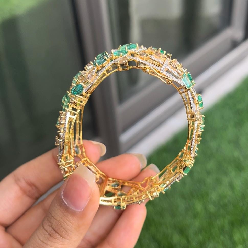 14k Gold Natural Zambian Emerald & Diamond Bracelet - 13.88 Carats Emerald, 7.62 Carats Diamond Art Nouveau Cuff Bracelet