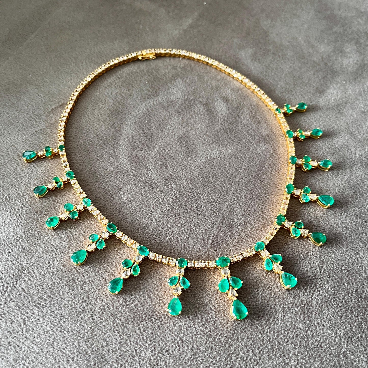 14k Gold Natural Zambian Emerald & Rose Cut Diamond Necklace - 24.21 Carats Emerald, 12.91 Carats Diamond Victorian Necklace