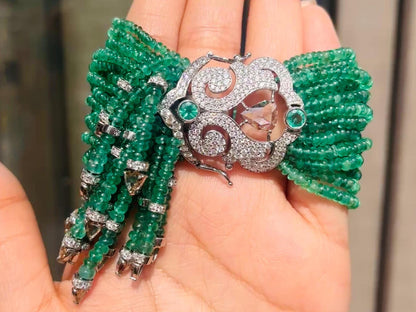 14k Gold Natural Zambian Emerald & Diamond Bracelet - 185.1 Carats Emerald, 5.97 Carats Diamond Victorian Beaded Bracelet