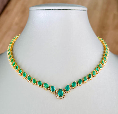 14k Gold Natural Zambian Emerald & Rose Cut Diamond Necklace - 15.74 Carats Emerald, 4.18 Carats Diamond Victorian Necklace