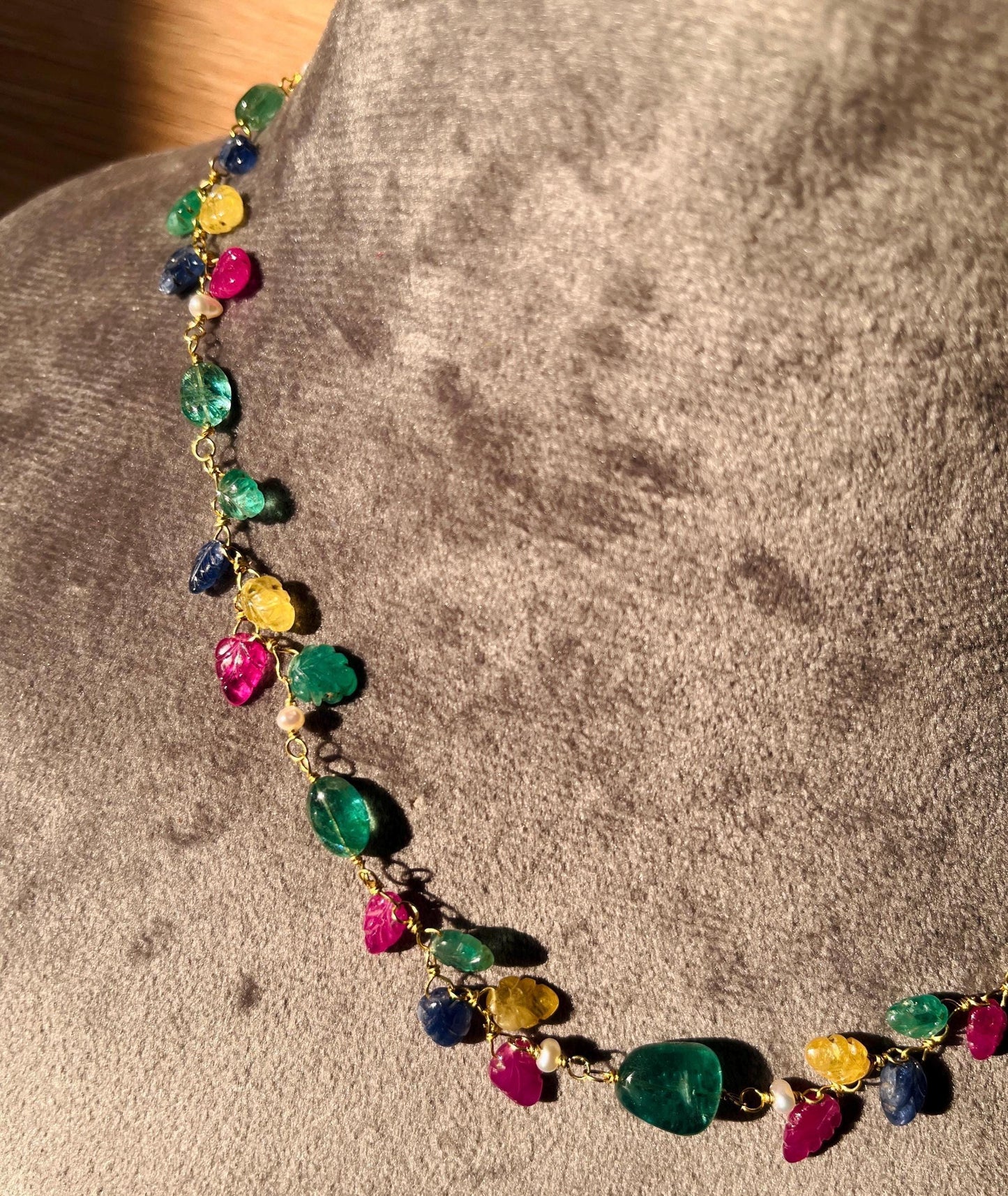 The Celeste Garland Necklace II - 14k Gold Natural Zambian Emerald, Sapphire & Ruby Art Nouveau Beaded Necklace