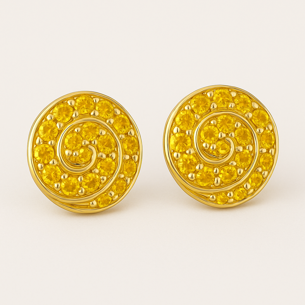 A pair of round gold stud earrings featuring a spiral design set with vibrant yellow sapphires. Each earring showcases 14 gemstones intricately arranged along a golden swirl pattern, displayed against a soft cream background.