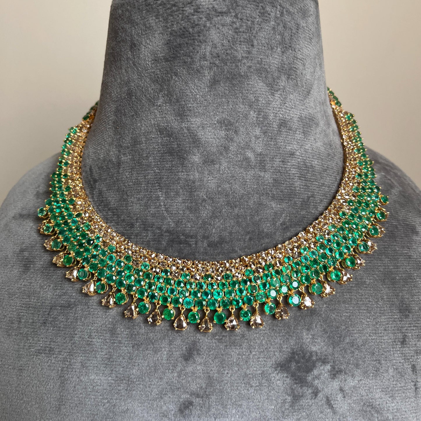 14k Gold Natural Zambian Emerald & Rose Cut Diamond Necklace - 50.6 Carats Emerald, 21.43 Carats Diamond Victorian Necklace