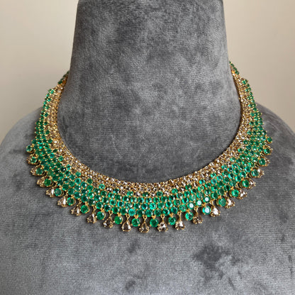 14k Gold Natural Zambian Emerald & Rose Cut Diamond Necklace - 50.6 Carats Emerald, 21.43 Carats Diamond Victorian Necklace