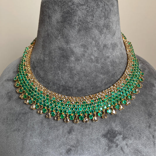 14k Gold Natural Zambian Emerald & Rose Cut Diamond Necklace - 50.6 Carats Emerald, 21.43 Carats Diamond Victorian Necklace