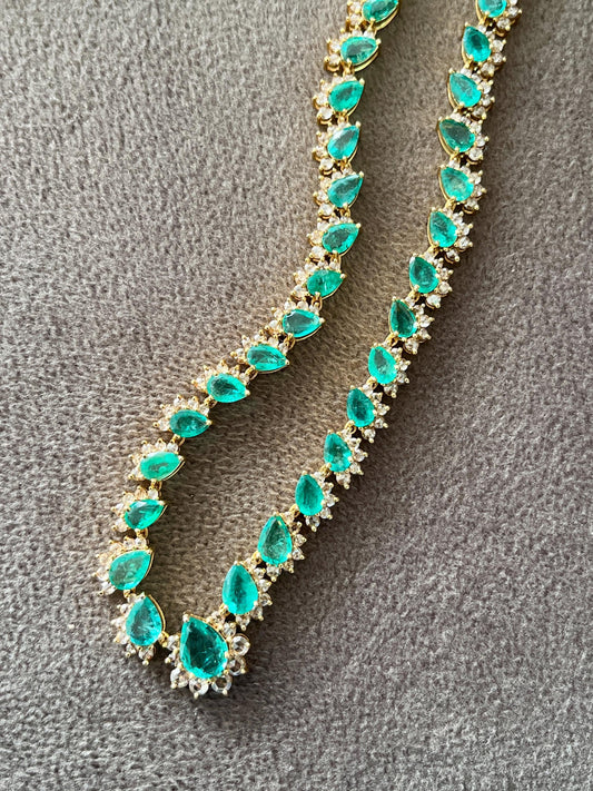 14k Gold Natural Zambian Emerald & Rose Cut Diamond Necklace - 15.74 Carats Emerald, 4.18 Carats Diamond Victorian Necklace