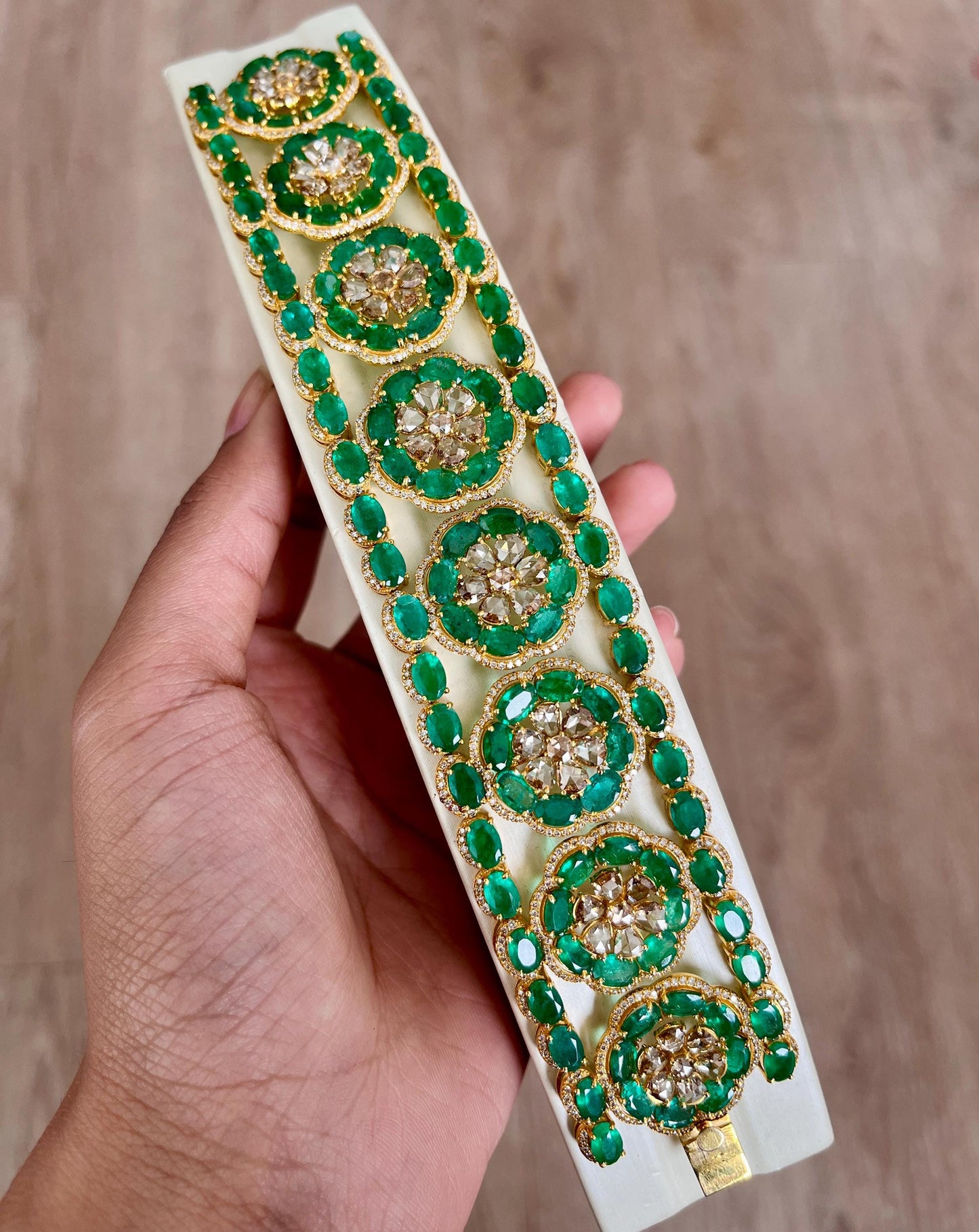 14k Gold Natural Zambian Emerald & Diamond Bracelet - 49.25 Carats Emerald, 12.24 Carats Diamond Victorian Bracelet