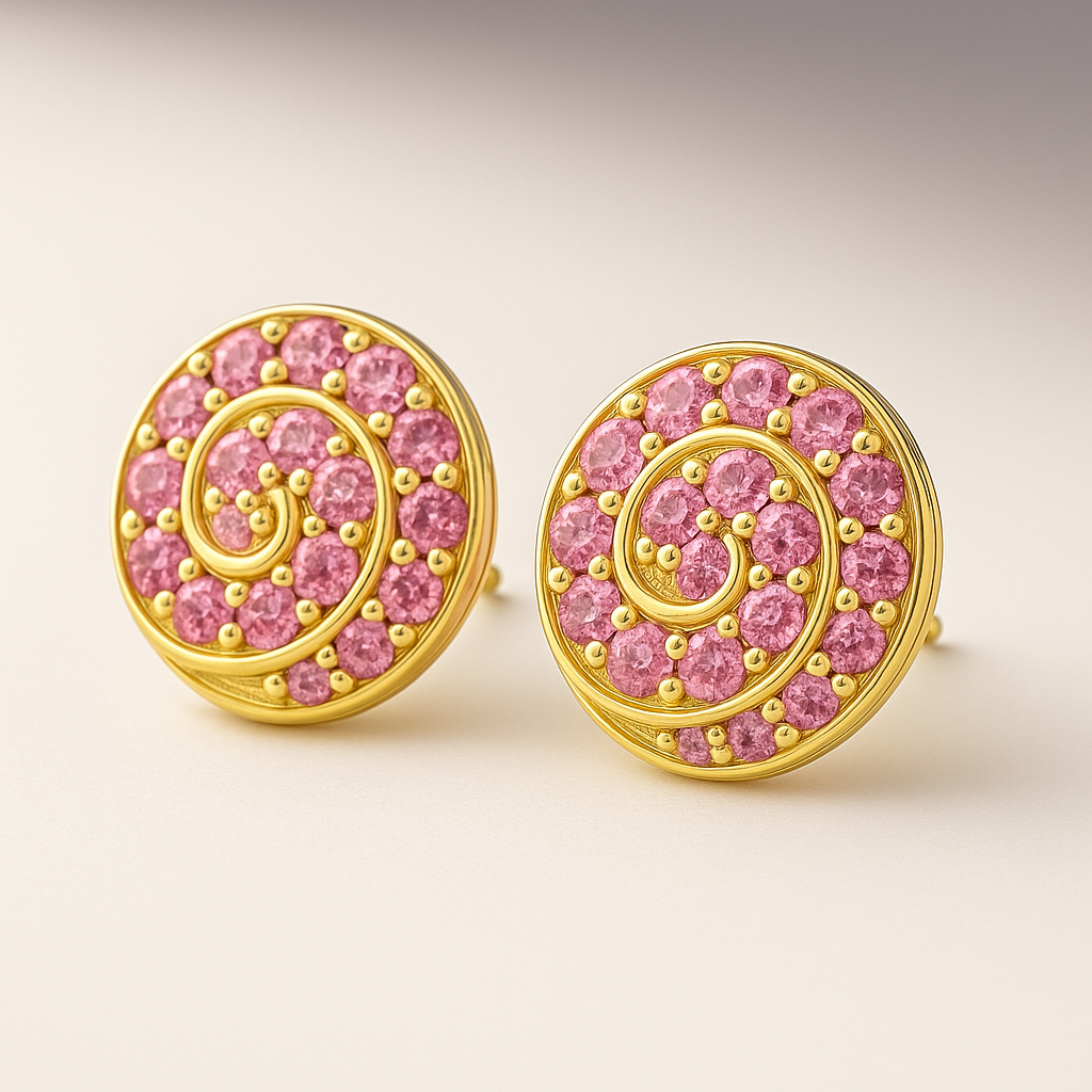 Pink Sapphire Swirl Stud Earrings - 9K/10K/14K/18K Gold Jewelry