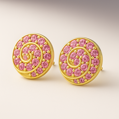 Pink Sapphire Swirl Stud Earrings - 9K/10K/14K/18K Gold Jewelry