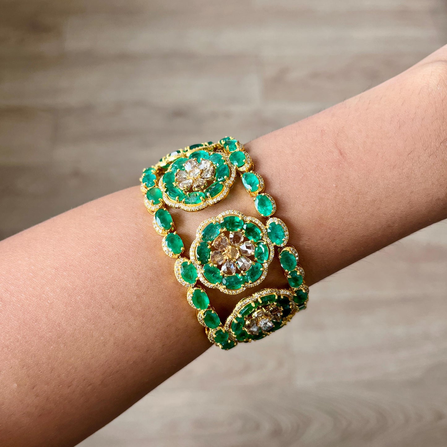 14k Gold Natural Zambian Emerald & Diamond Bracelet - 49.25 Carats Emerald, 12.24 Carats Diamond Victorian Bracelet