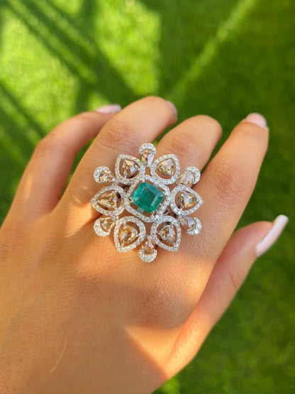 14k Gold Natural Zambian Emerald & Diamond Ring - 1.78 Carats Emerald, 4.11 Carats Diamond Victorian Ring