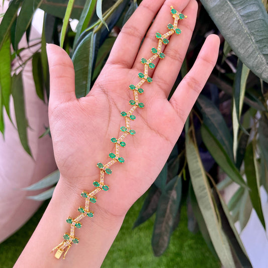 14k Gold Natural Zambian Emerald & Rose Cut Diamond Bracelet - 5.8 Carats Emerald, 1.82 Carats Diamond Art Deco Bracelet