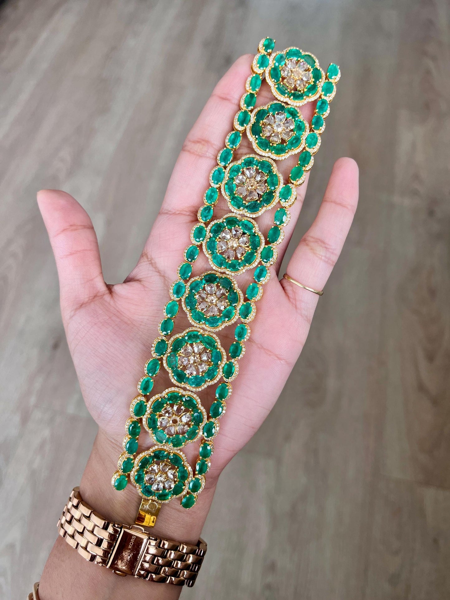 14k Gold Natural Zambian Emerald & Diamond Bracelet - 49.25 Carats Emerald, 12.24 Carats Diamond Victorian Bracelet