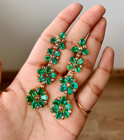 14k Gold Natural Zambian Emerald & Rose Cut Diamond Earrings - 19.01 Carats Emerald, 4.38 Carats Diamond Victorian Earrings
