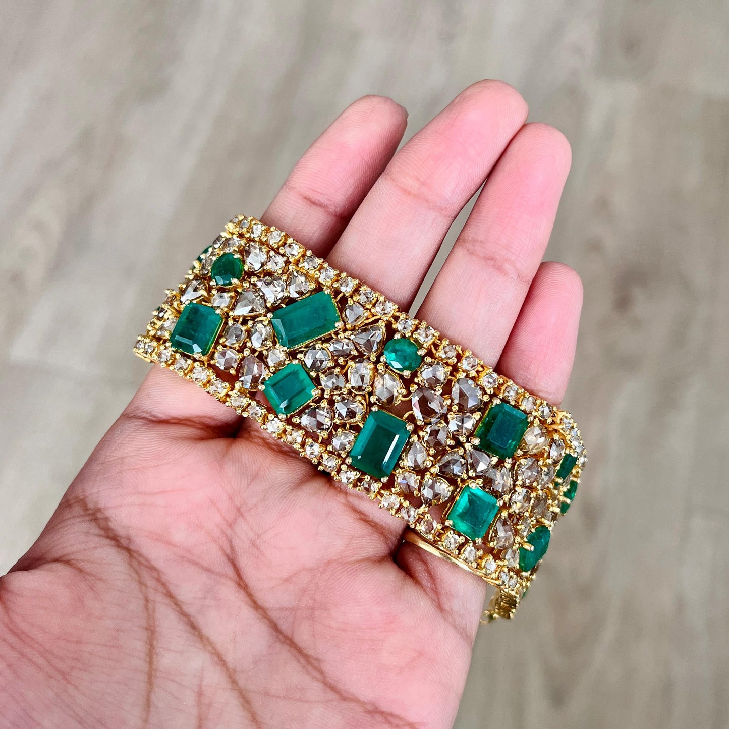 14k Gold Natural Zambian Emerald & Rose Cut Diamond Bracelet - 23.75 Carats Emerald, 31.1 Carats Diamond Victorian Bracelet