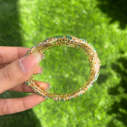 14k Gold Natural Zambian Emerald & Diamond Bracelet - 13.88 Carats Emerald, 7.62 Carats Diamond Art Nouveau Cuff Bracelet