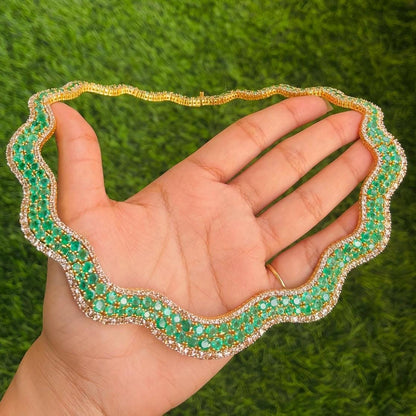 14k Gold Natural Zambian Emerald & Rose Cut Diamond Necklace - 41.23 Carats Emerald, 12.75 Carats Diamond Victorian Necklace