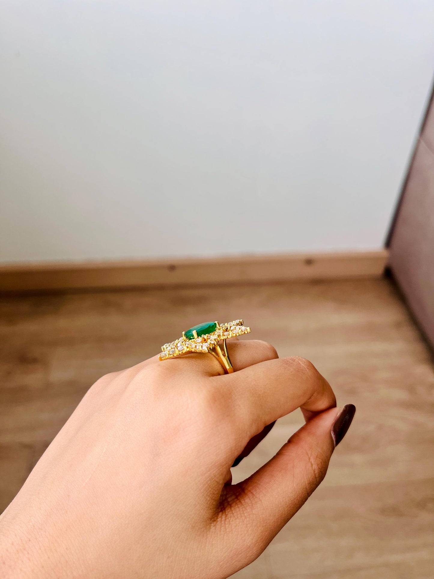 14k Gold Natural Zambian Emerald & Rose Cut Diamond Ring - 3.89 Carats Emerald, 3.25 Carats Diamond Avant Garde Ring