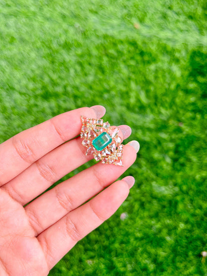 14k Gold Natural Zambian Emerald & Diamond Ring - 1.47 Carats Emerald, 2.69 Carats Diamond Art Nouveau Ring