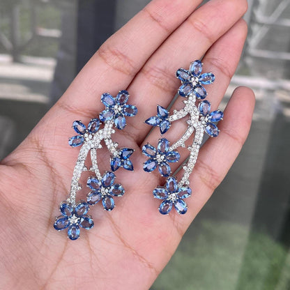 14k Gold Natural Blue Sapphire & Diamond Earrings - 21.48 Carats Sapphire, 1.83 Carats Diamond Art Nouveau Earrings