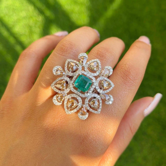 14k Gold Natural Zambian Emerald & Diamond Ring - 1.78 Carats Emerald, 4.11 Carats Diamond Victorian Ring