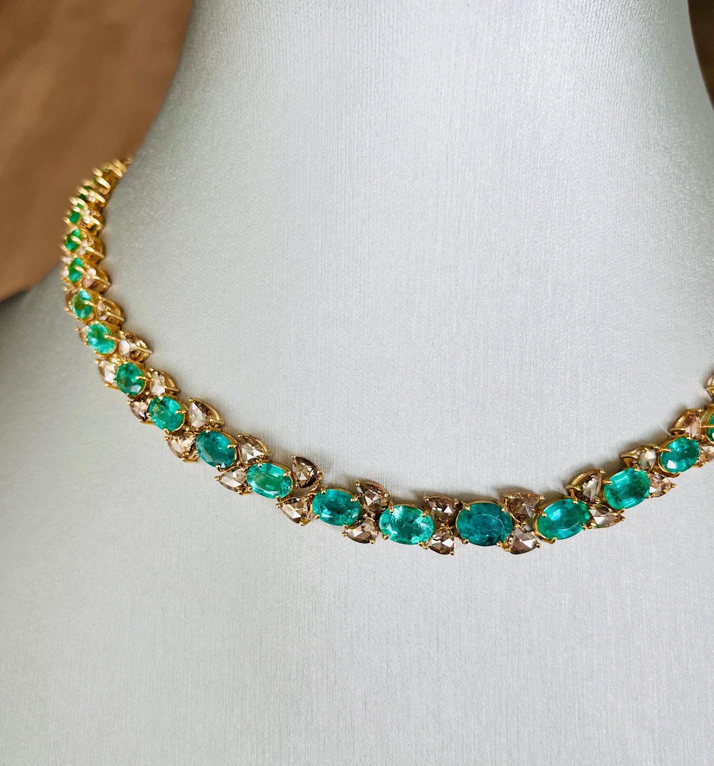 14k Gold Natural Zambian Emerald & Rose Cut Diamond Necklace - 19.25 Carats Emerald, 13.98 Carats Diamond Victorian Necklace