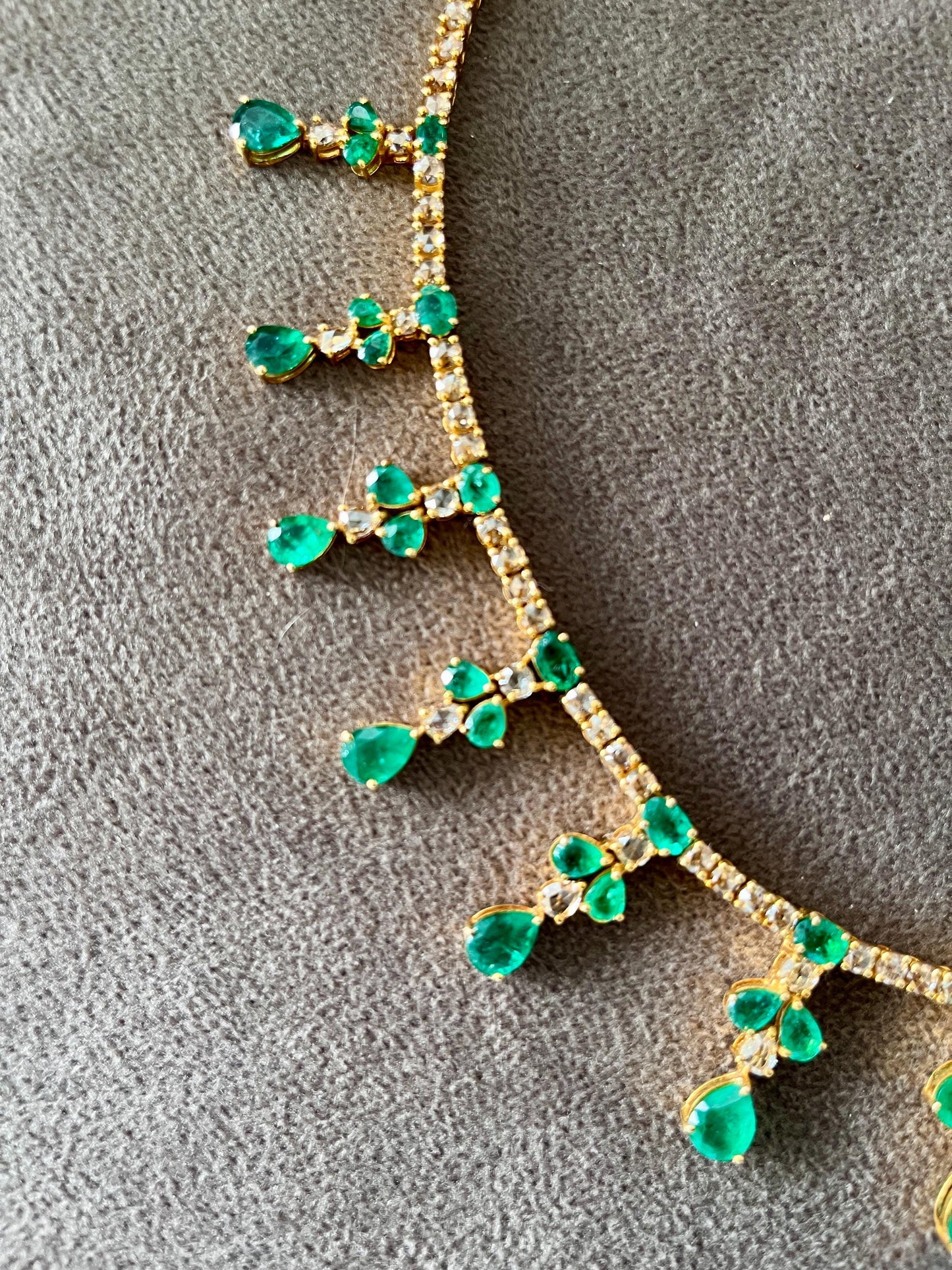 14k Gold Natural Zambian Emerald & Rose Cut Diamond Necklace - 24.21 Carats Emerald, 12.91 Carats Diamond Victorian Necklace