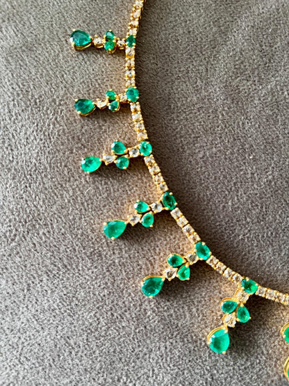 14k Gold Natural Zambian Emerald & Rose Cut Diamond Necklace - 24.21 Carats Emerald, 12.91 Carats Diamond Victorian Necklace