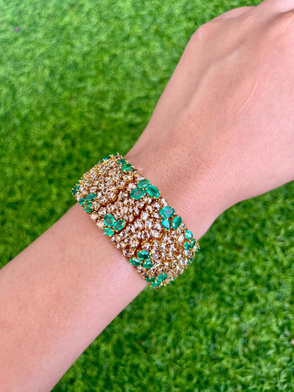 14k Gold Natural Zambian Emerald & Rose Cut Diamond Bracelet - 18.7 Carats Emerald, 24.18 Carats Diamond Victorian Bracelet