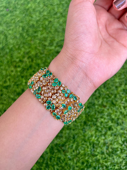 14k Gold Natural Zambian Emerald & Rose Cut Diamond Bracelet - 18.7 Carats Emerald, 24.18 Carats Diamond Victorian Bracelet