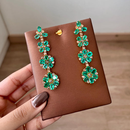 14k Gold Natural Zambian Emerald & Rose Cut Diamond Earrings - 19.01 Carats Emerald, 4.38 Carats Diamond Victorian Earrings